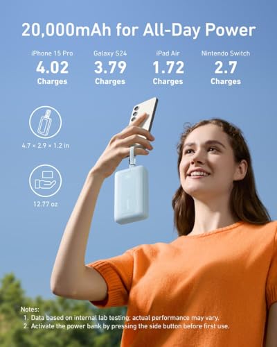 Anker Power Bank, 20,000mAh 30W Max Fast Portable Charger with Built-in USB-C and MFi Certified Lightning Cables, USB-C&A, Battery Pack for iPhone 17/16/15/14 Series, MacBook, Galaxy 3