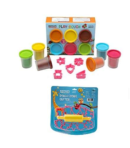 KHYATI Play Dough (6 Bright Colours 50 grms Each, 5 Moulding Tools) and 1 Dough Cookie Cutter (1 Pressure Roller,10 Cookie Cutters) 1