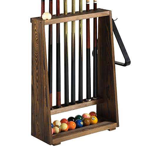 MyGift Rustic Burnt Brown Solid Wood Freestanding Billiards Acessories Storage Rack - Floor Standing Pool Cue Holder, Ball Shelf, and Triangle Hook 1