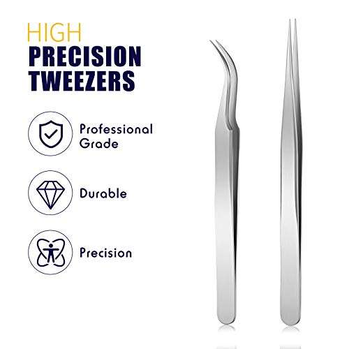 4 Pieces Eyelash Extension Tweezers Stainless Steel Straight and Curved Tip Volume Lash Tweezers Set for Eyelash Extension False Lash Application Tools (Silver) 2