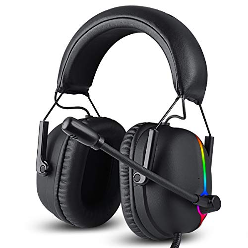 Gaming Headset Headphones with Microphone for Nintendo Switch Xbox One PS4, 4 Speaker Drivers Wired Headset with RGB Light, Noise Canceling Bass Surround Soft Memory Earmuffs for PC Controller PS5 1