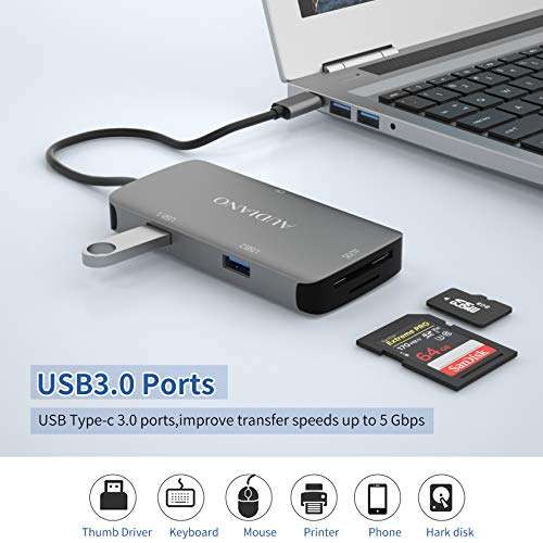 USB C to CF Card Reader, AUDIANO 5-in-1 USB Type C SD/TF/CF Camera Card Reader with Compact Flash Memory Card Reader, 2 USB 3.0 Ports Compatible for MacBook Pro, Samsung S20, Surface Book 3
