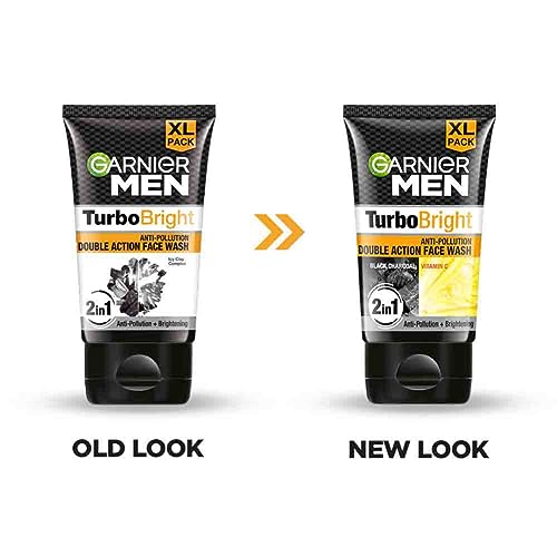 Garnier Men Turbo Bright Double Action Face Wash, Deep Cleansing Anti Pollution Face Wash with Charcoal and Vitamin C, Suitable for all Skin Types, 150g x2 (Pack of 2) 2