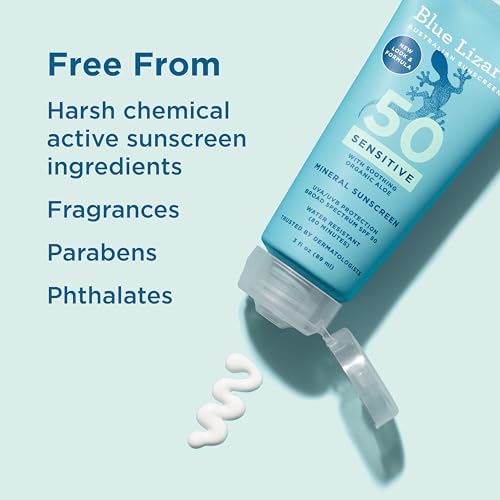 Blue Lizard SENSITIVE Mineral Sunscreen with Zinc Oxide, SPF 50+, Water Resistant, UVA/UVB Protection with Smart Cap Technology - Fragrance Free, 3 oz. Tube 6