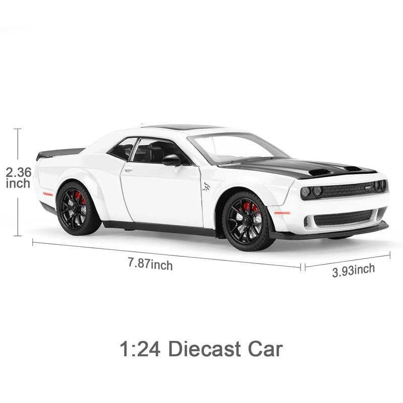 RJKD New 1:24 Dodge Challenger Alloy Die-Cast Metal Car Pull-Back Action with Openable Doors Realistic Sound and Light Effects Car for Kids - White 3