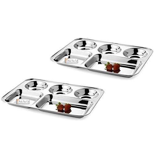 Prisha India Craft Stainless Steel 5-in-1 Compartment Divided Plate, Dosa Serving Plate | Length 14.00 Inch | Set of 2 1
