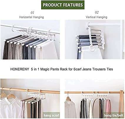VRUGRA 5 in 1 Hanger, Multi-Layer, Multi Purpose, Clothes Hanging Stainless Steel, Folding, Magic Hangers, Non-Slip, Space Saving, Closet Organizer, for Pants Jeans Trousers Skirts Scarf 6