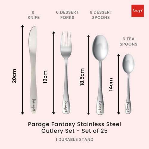 Parage Fantasy Stainless Steel Cutlery Set - Set of 25 (Contains: 6 Table Spoons, 6 Tea Spoons, 6 Forks, 6 Knives, 1 Stand), Silver 5