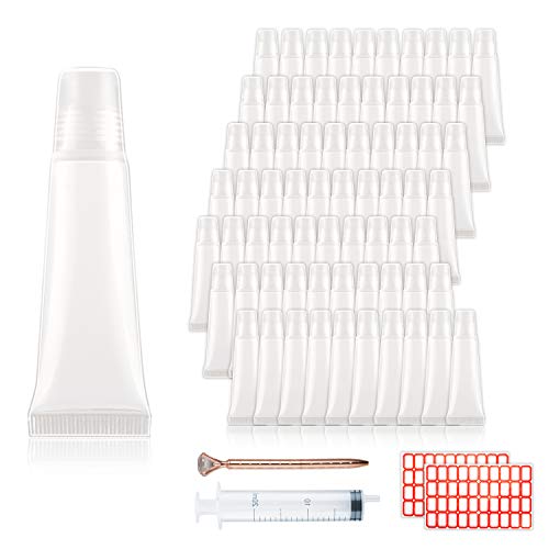 70 PCS 10ml Refillable Lip Gloss Tubes, Clear Soft Cosmetic Tubes Lip Balm Containers for DIY Homemade lipgloss project with 1PCS free Syringe, 1 PCS Diamond Pen and 80 pcs Labels 1