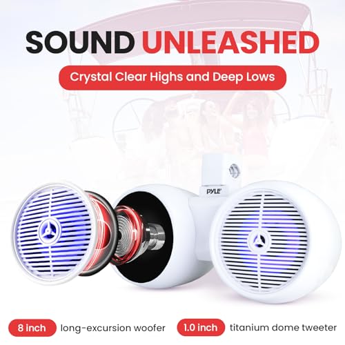 Pyle Dual Waterproof Off-Road Speakers - 8" 300W 2-Way Marine Wakeboard Tower Sound System w/LED Light, Full Range Outdoor Stereo Speaker for Car, ATV, UTV, Jeep, Boat, Includes Brackets (White) 5