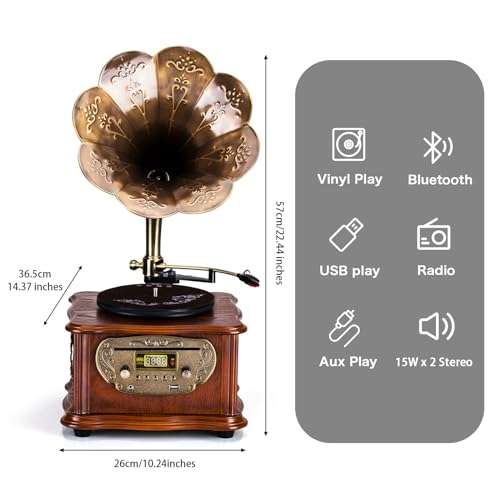 Wooden Phonograph Gramophone Turntable CD Player Stereo System Control 33/45 RPM FM AUX USB Ouput Bluetooth 4.2 … … 2