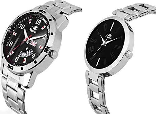 Espoir Analog Stainless Steel Black Dial Couple Watch - Black-ManishaBrock 2