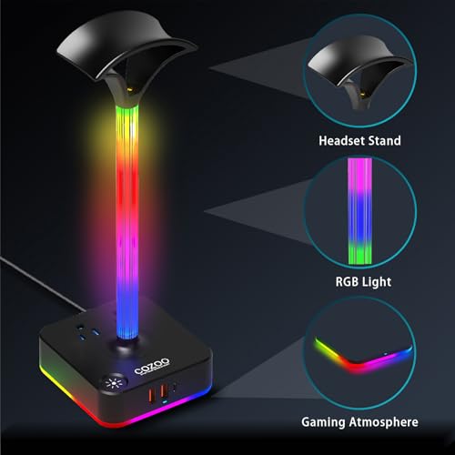 cozoo RGB Headphone Stand with Charger 3 USB Ports and 2 AC Outlets,2 USB-A 1 Type C,Desk Gaming Headset Holder with 9 Light Modes,PC Gaming Desk Accessories,Gamer Gifts,RGB Gaming Stuff Headset Stand 4