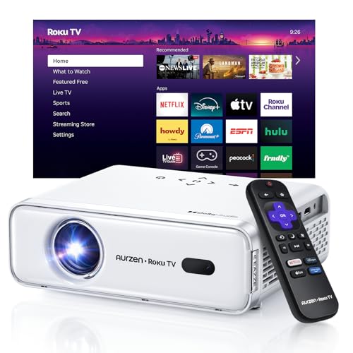 Aurzen Roku TV Smart Projector with Wifi and Bluetooth, Roku Streaming Experience Built-in, 1080P FHD, Dolby Audio, Auto Focus & Keystone, Zoom, Movie Portable Outdoor Mini Projector, White