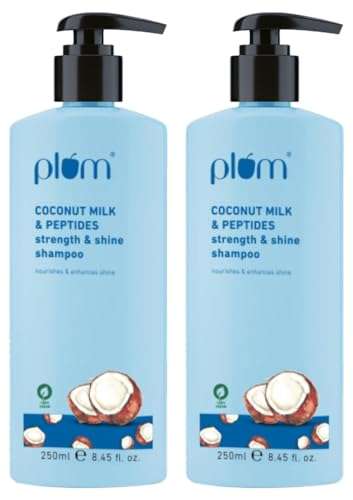 Plum Coconut Shampoo for Dull Hair with Coconut Milk and Peptides for Strong & Shiny Hair I 22x shine I Soft, silky hair I Shampoo for Women and Men | SLS sulphate and paraben free shampoo I 250ml (Pack of 2) 1