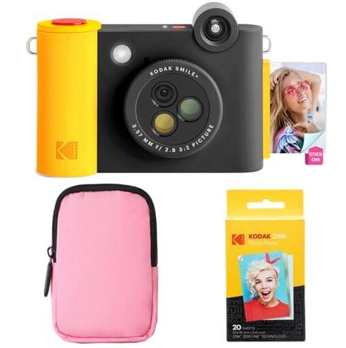 KODAK Smile+ 2-in-1 Digital Instant Print Camera & Wireless Bluetooth Photo Printer Starter Bundle + Soft Case + Zink 20pk Sticky-Back Photo Paper - 10MP, Special-Effect Rotating Lens - Black 1