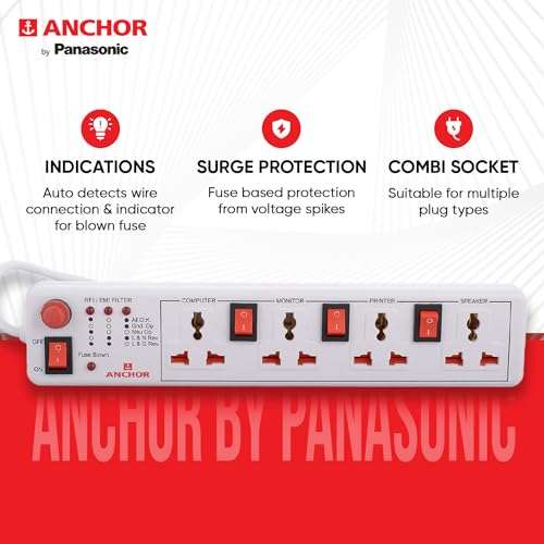 Anchor by Panasonic 4 way 6A Universal Socket with 3 Switch & 1 Master Switch | 4 Way Extension Board with 1.5 Mtr Extension Cord | Multi Plug Socket for Home Wall, Office (22568) 4