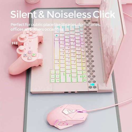 INPHIC Pink Gaming Mouse. USB Optical Wired Mouse. RGB Backlight. 4 Levels Adjustable DPI up to 4800. Silent Click, Ergonomic and 7 programmable Buttons Design. PC Gaming Mice for Windows System. 6