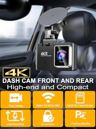 Beautlife Dash Cam Front and Rear, 4K/2.5K 30fps Dash Camera for Cars with 5GHz WiFi, 64GB SD Card, 2’’ IPS Screen, Night Vision, 170°Wide Angle, Loop Recording, G-Sensor, Parking Monitor, Black 2