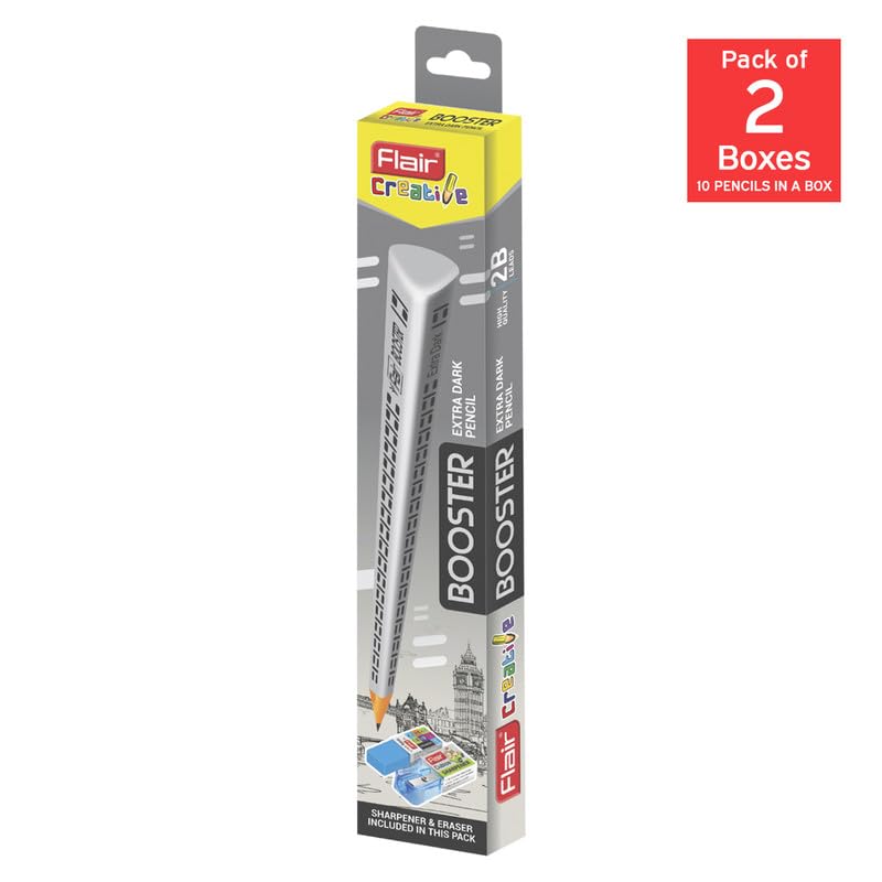 FLAIR Creative Series Booster 2B Extra Dark Graphite Triangular Pencil | Sharpener & Eraser Included in the Box | Pack Of 20 Pencils 4