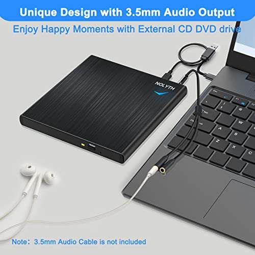 NOLYTH External CD DVD Drive for Laptop: USB CD Burner Plug and Play for Mac MacBook PC Windows - Portable with 1 Audio 2 USB Ports Slim Player Reader for CDs and DVDs 3