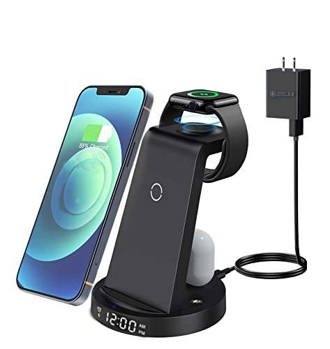 3 in 1 Fast Wireless Charging Station Compatible With iPhone 13/12/11, Dock Stand With Clock for Watch Series & AirPods (Adapter Included) 1