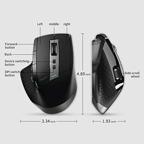 Rapoo Bluetooth Wireless Mouse, 4 Adjustable DPI Rechargeable, Multi-Device (3 Bluetooth+USB) Programmable Ergonomic Mouse with Side Roller, Laser Mouse for Laptop Desktop PC 6