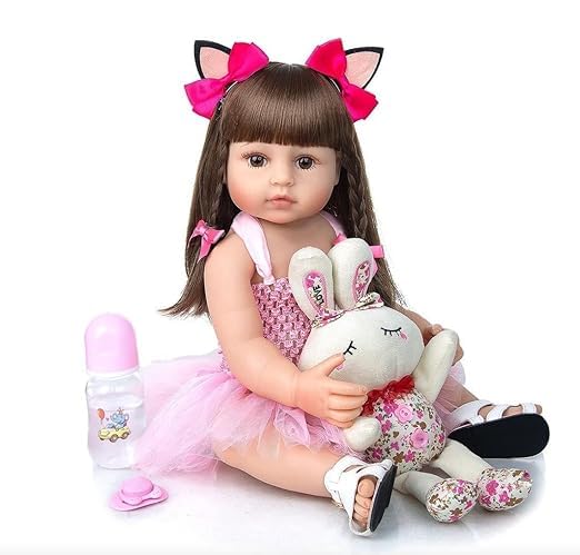 MIVEAS CARE Baby Reborn Toddler Baby Dolls Silicone Full Body Girl 22 inch Long Hair Anatomically Correct Waterproof Dolls Reborn Pink Dress Birthday Gift 4