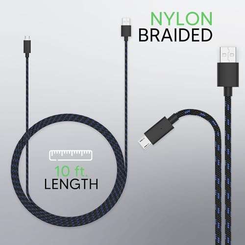 Talkworks Controller Charger Cord for Xbox One - 2 Pack 10 ft Nylon Braided Micro USB Charging Cable - Also Android Compatible with Samsung Galaxy, PS4 2