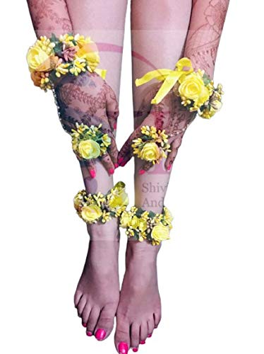 Savya Jewels Flower Hand and Leg Fabric Jewelry Set for Women Girls with 4 Color Items Yellow (Mehandi/Haldi Bridal) 3