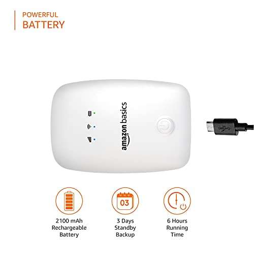 AmazonBasics 4G LTE Wireless Dongle with All SIM Network Support | Plug & Play Data Card Stick with up to 150Mbps WiFi Hotspot | 2100mAh Rechargeable Battery| SIM Adapter Included (White) 3
