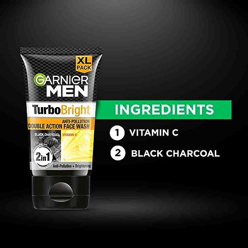 Garnier Men Turbo Bright Double Action Face Wash, Deep Cleansing Anti Pollution Face Wash with Charcoal and Vitamin C, Suitable for all Skin Types, 150g x2 (Pack of 2) 6