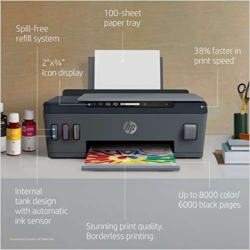 HP Smart Tank 500 All-in-One Printer, Print, Copy, Scan, Hi-Speed USB 2.0, Up to 11/5 ppm (Black/Color), 100-sheet Input Tray, 30-Sheet Output Tray, 1000-page Duty Cycle, Color, 4SR29A 2
