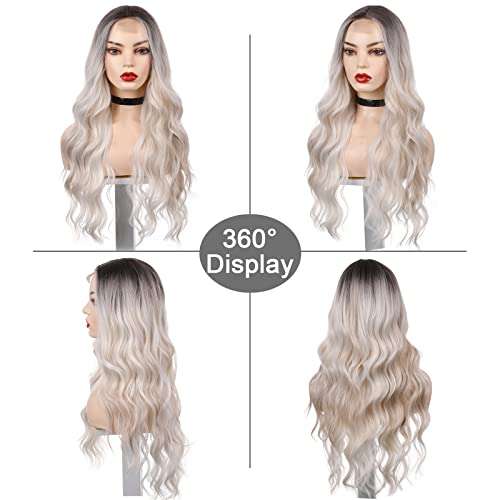 WOCO Long Wavy Wig, Ombre Platinum Blonde Wigs for Women, Synthetic Wig with Natual Hairline Lace Fornt Sliver White Curly Middle Part Hair Replacement Wigs for Halloween Daily Party Cosplay Use 3