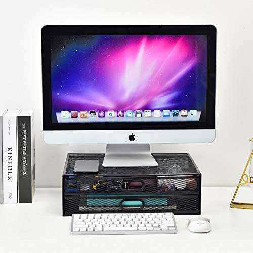 Monitor Stand Riser with Drawer - Metal Mesh Desk Organizer with Dual Pull Out Storage Drawer, Printer Holder with Pull Out Storage Drawe 3