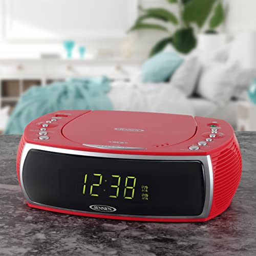 Jensen Red Modern Home CD Tabletop Stereo Clock Digital AM/FM Radio CD Player Dual Alarm Clock CD Top-Loading Player | USB Charging Port DV 5V 800mA | Headphone Jack | 0.9 Display Green LED 2