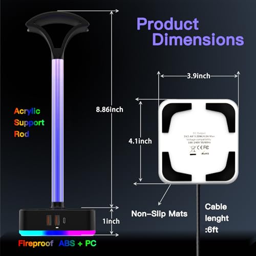 cozoo RGB Headphone Stand with Charger 3 USB Ports and 2 AC Outlets,2 USB-A 1 Type C,Desk Gaming Headset Holder with 9 Light Modes,PC Gaming Desk Accessories,Gamer Gifts,RGB Gaming Stuff Headset Stand 6