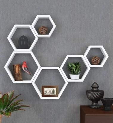 AAFIYA HANDICRAFTS MDF Floating Hexagon Shape Floating Wall Shelf Rack Shelf Set of 6 (White) 1
