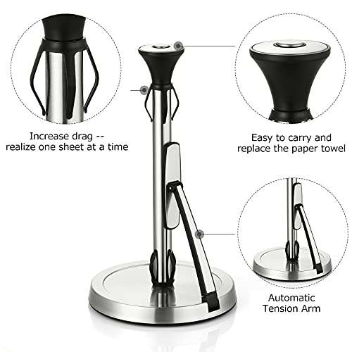Paper Towel Holder, Lycklig Tension Arm Kitchen Roll Dispenser Stainless Steel Paper Towel Holder Stand with Weighted Base, Ideal for Kitchen & Dining Room 4