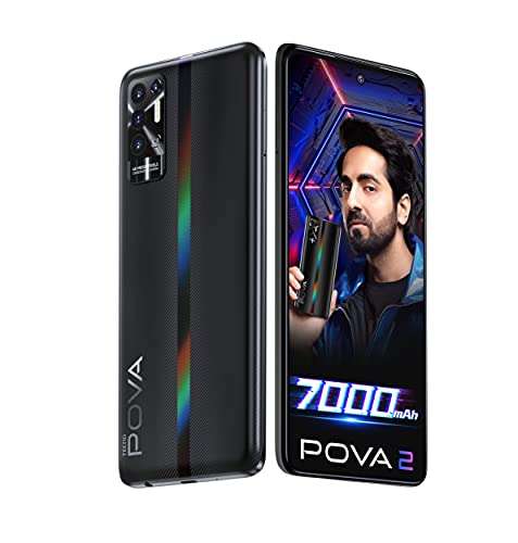 TECNO POVA 2 (Dazzle Black, 6GB RAM, 128GB Storage)| 7000mAh Battery | 48MP Camera | Helio G85 5