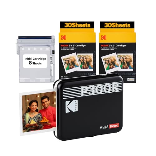 KODAK Mini 3 Retro 4PASS Portable Photo Printer (3x3 inches) + 68 Sheets Bundle, Black