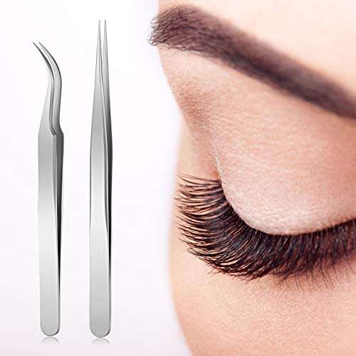 4 Pieces Eyelash Extension Tweezers Stainless Steel Straight and Curved Tip Volume Lash Tweezers Set for Eyelash Extension False Lash Application Tools (Silver) 6