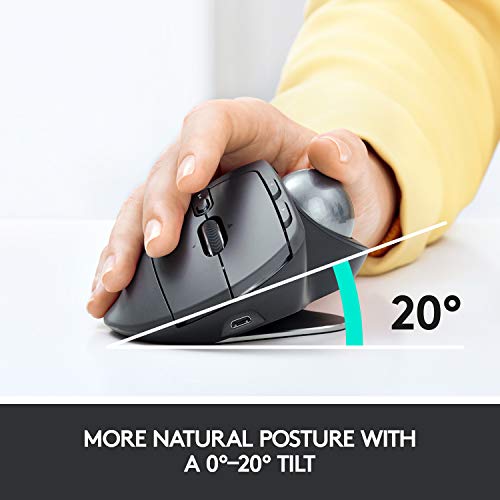 Logitech MX Ergo Wireless Trackball Mouse, Ergonomic Design, Move Content Between 2 Windows and Apple Mac Computers (Bluetooth or USB), Rechargeable 2