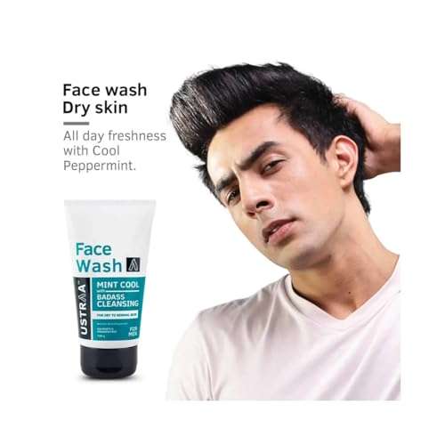 Ustraa Face Wash - Mint Cool - For Dry to Normal Skin - 100g | Reduces Moisture Loss | Removes Dirt & De-Tan Face Scrub for Men, 100g | Effective Tan Removal | with Walnut Granules | No SLS 3