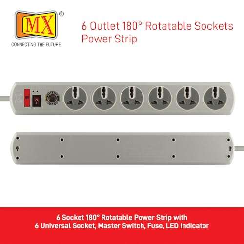 MX 180° Rotatable 6 Way Output Universal Socket with Spike Guard Surge Protector, Master Switch, Fuse, LED Indicator Extension Board, 3 Meter 3