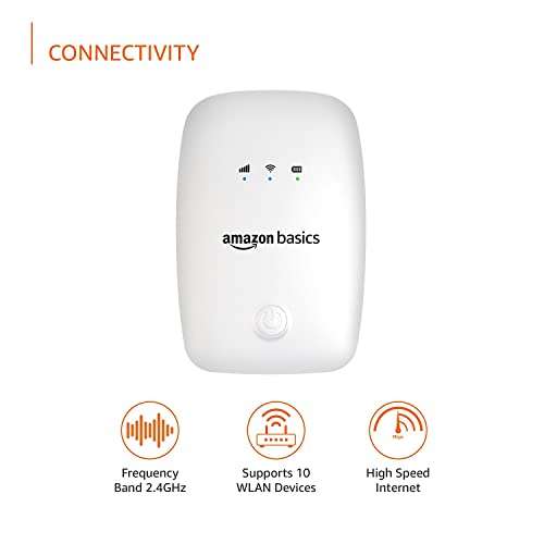 AmazonBasics 4G LTE Wireless Dongle with All SIM Network Support | Plug & Play Data Card Stick with up to 150Mbps WiFi Hotspot | 2100mAh Rechargeable Battery| SIM Adapter Included (White) 4
