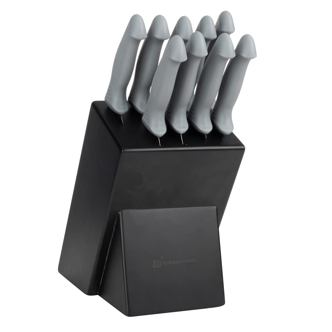 Restaurantware Comfy Grip Knife Set With Holder 1 Sharp 9-Piece Knife Set - Ergonomic Handle Non-Slip Grip Gray Stainless Steel Kitchen Knife Set Dishwashable Includes Knife Holder 3