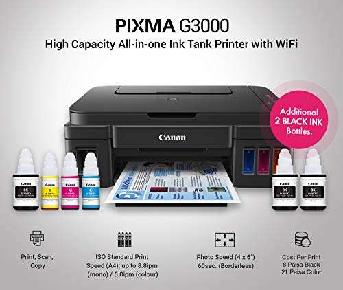 Canon PIXMA MegaTank G3000 All in One WiFi Inktank Colour Printer with 2 Additional Black Ink Bottle 3