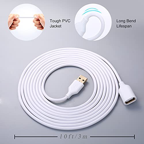 Costyle White USB Extension Cable, 2-Pack USB 2.0 10ft/3m Type A Male to A Female Extension Cord White USB Extender Cable with Gold-Plated Connectors 4