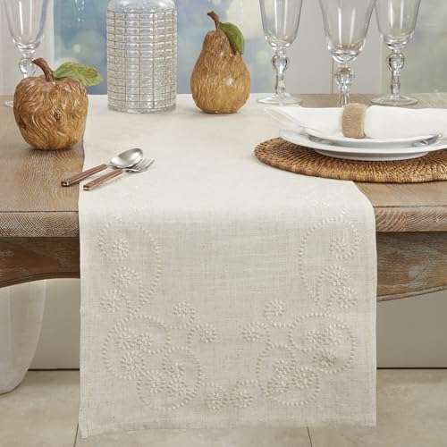 SARO LIFESTYLE Embroidered Swirl Design Linen Blend Tablecloth, 67", Natural 5